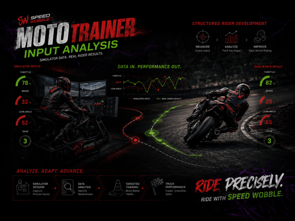 Speed Wobble MotoTrainer Input Analysis graphic showing simulator rider data connected to real sportbike track performance with throttle, brake, lean angle, and gear overlays.