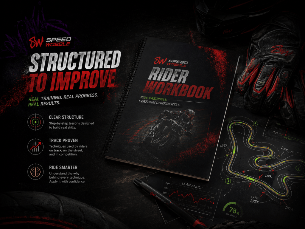 Speed Wobble Structured Drills graphic showing a sportbike rider repeating a racetrack corner with progression markers, racing line, throttle control, lean angle, and consistency overlays.
