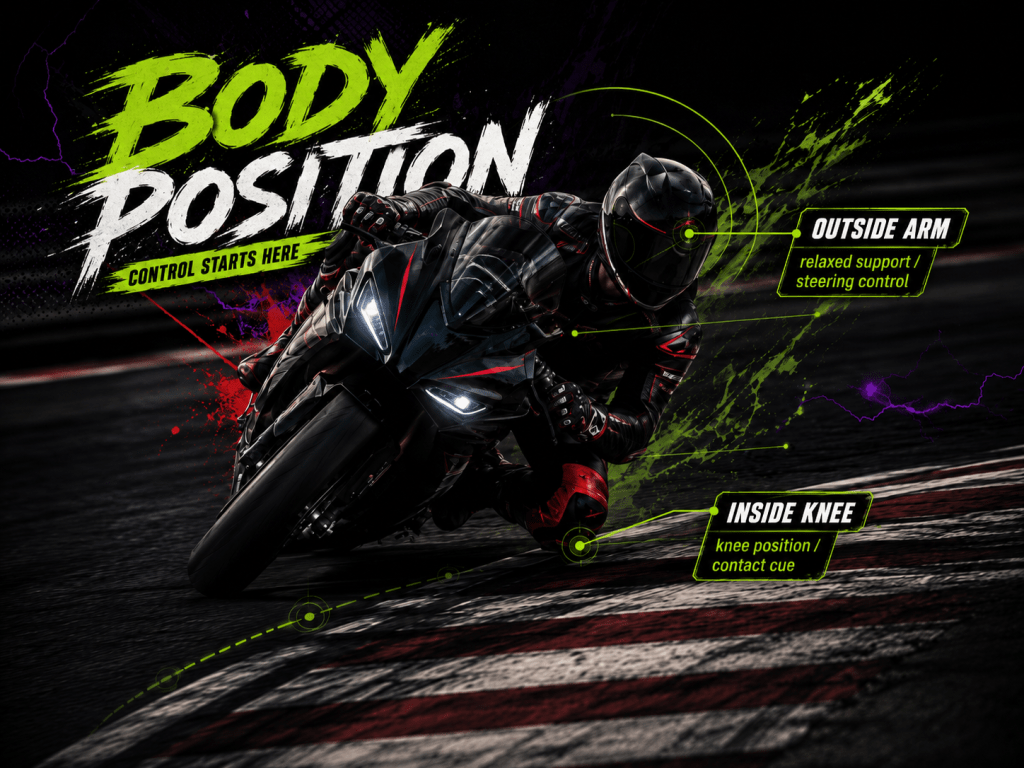 Speed Wobble Body Position graphic showing a sportbike rider cornering with inside knee and outside arm callouts for motorcycle body position training.