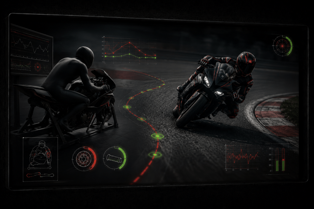 MotoTrainer simulator rider and sportbike racer connected by telemetry overlays, showing Speed Wobble motorcycle training, rider input analysis, and track-proven performance development.