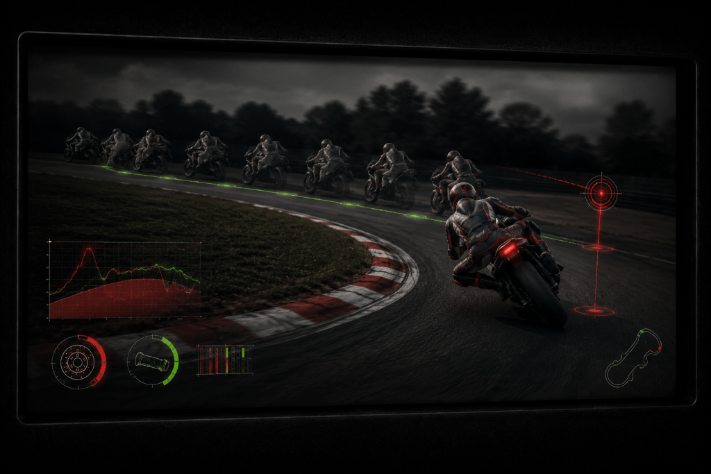 Sportbike rider repeating a racetrack corner with telemetry overlays, reference points, and ghosted motion sequence showing repeatable motorcycle training drills and rider progression.