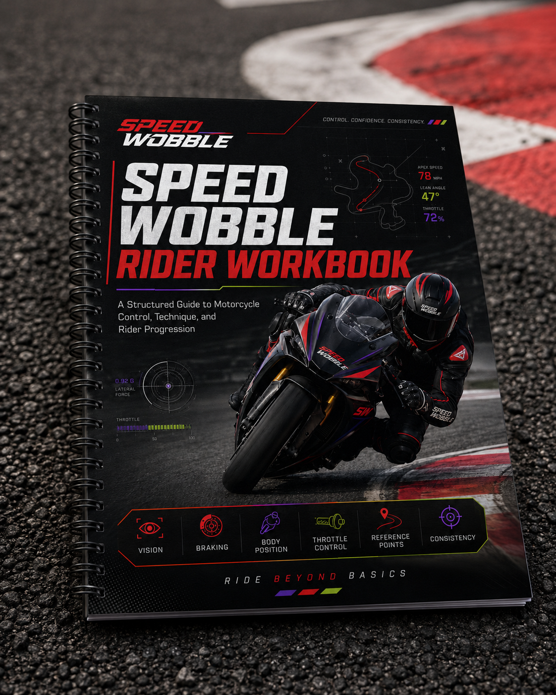 Speed Wobble Rider Workbook resting on a racetrack surface, showing a branded motorcycle training workbook cover focused on rider control, technique, and progression.