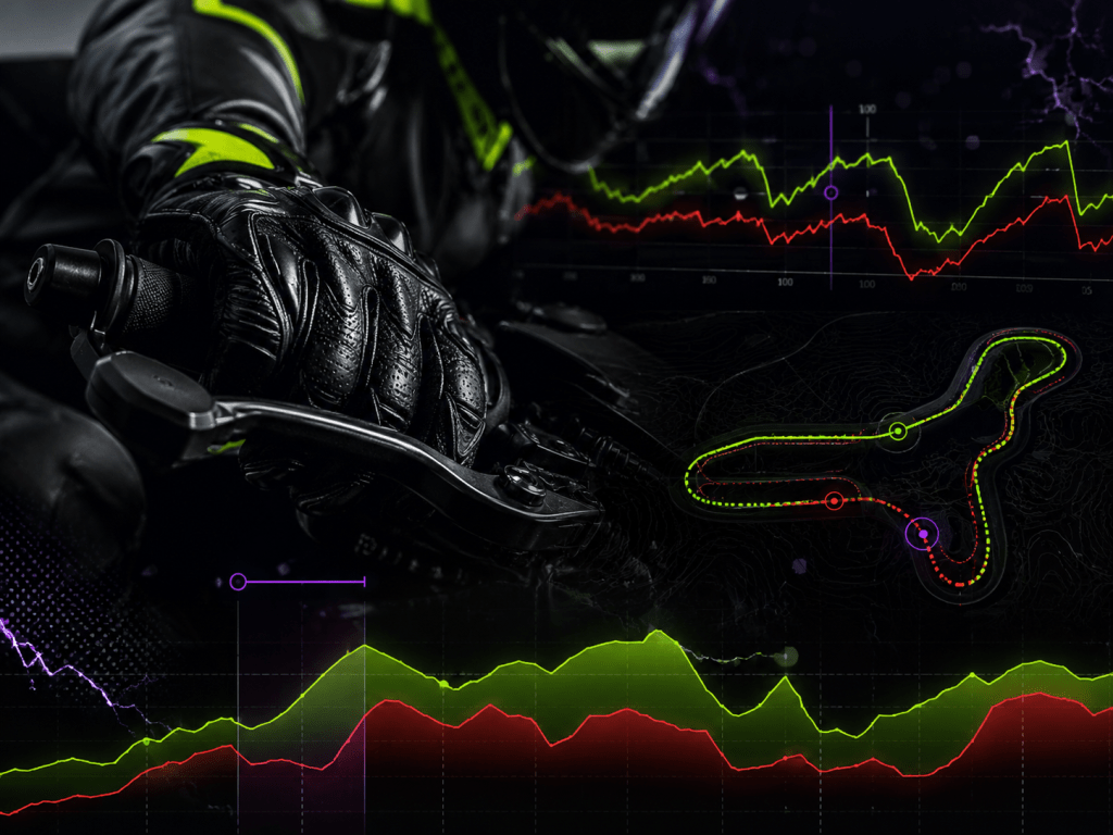Motorcycle telemetry comparison graphic showing rider input data against a pro baseline reference lap.