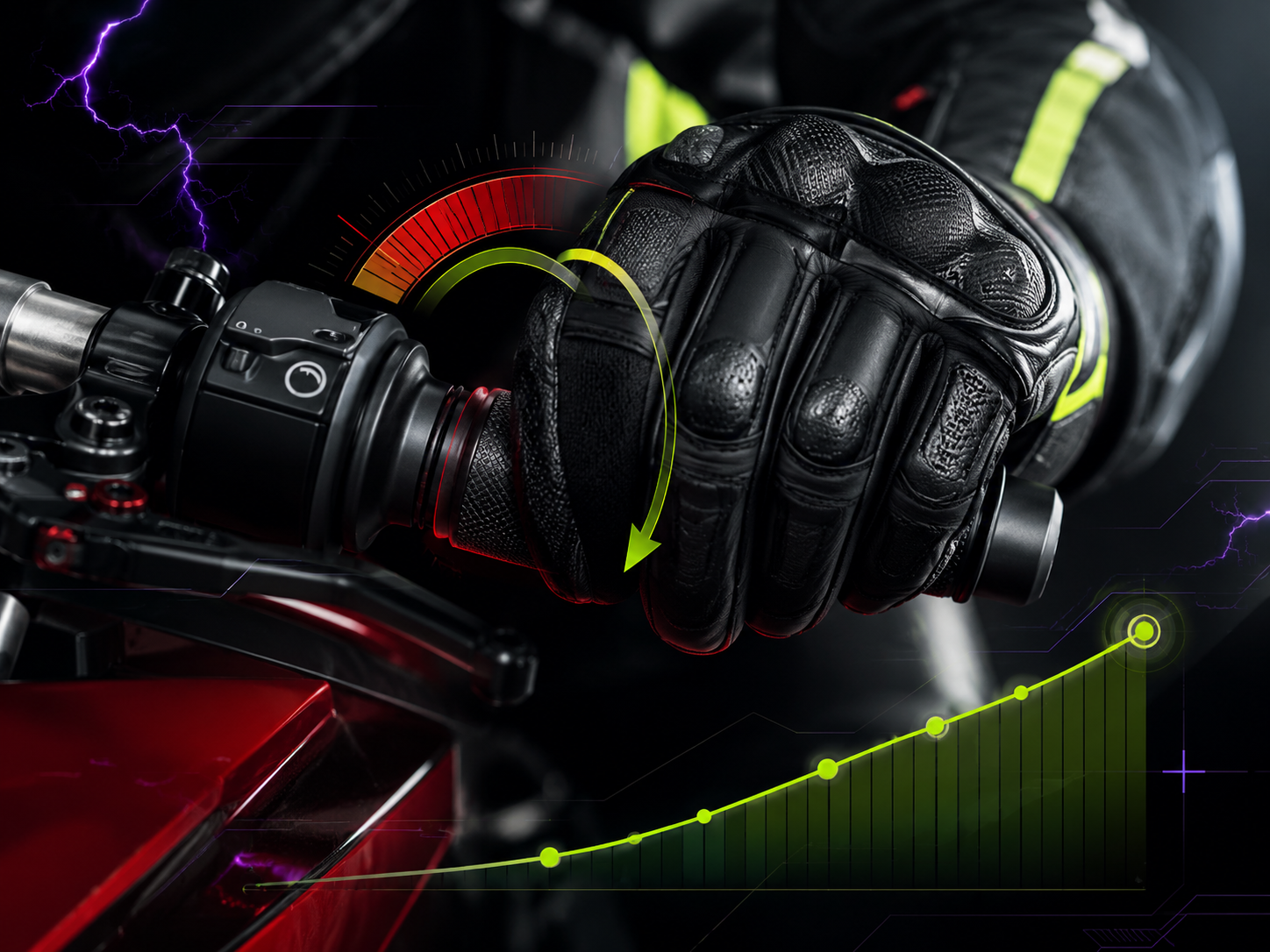Close-up of a motorcycle rider’s gloved hand using the throttle with telemetry overlays for throttle control training.