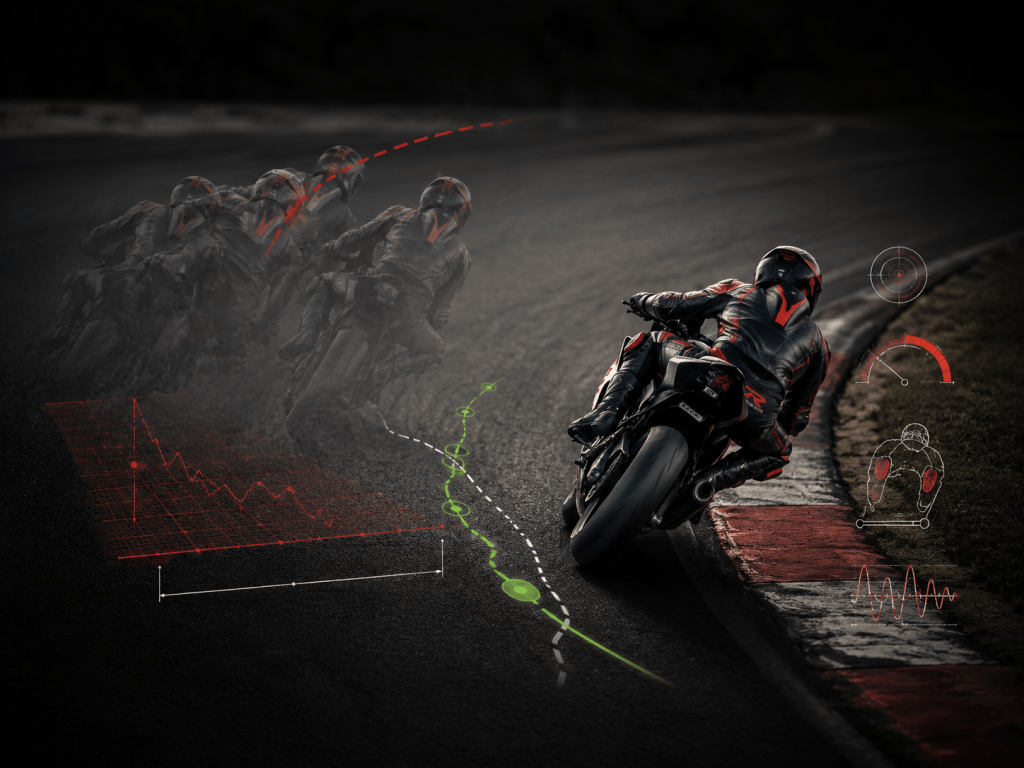 Sportbike rider in motion with telemetry-style HUD overlays illustrating why motorcycle riders plateau without structured training, braking control, vision discipline, and throttle precision.